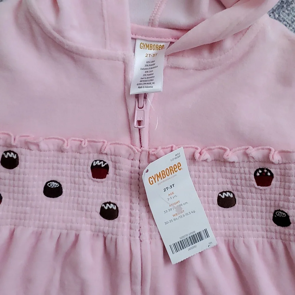 NWT Gymboree Girls Pink Velour Smocked Sweets Zip-up Sz2T-3T
